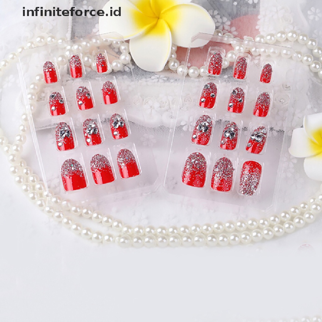 Infiniteforce.id 24Pcs / Set Kuku Palsu Akrilik UV Gel Warna Merah Untuk Nail Art