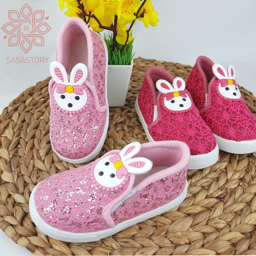 Sasastory Sepatu Pesta Slip On Brokat Anak Perempuan Usia 1 2 3 4 5 6 Tahun Pink Fanta CA25