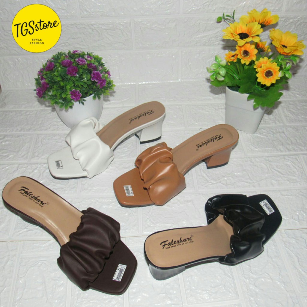 sandal heels hak wanita slop kerut