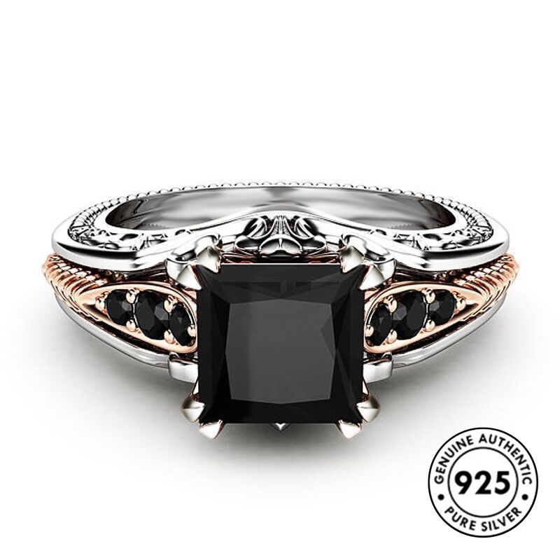 Cincin S925 Silver Princess Power Black Bentuk Persegi Aksen Berlian