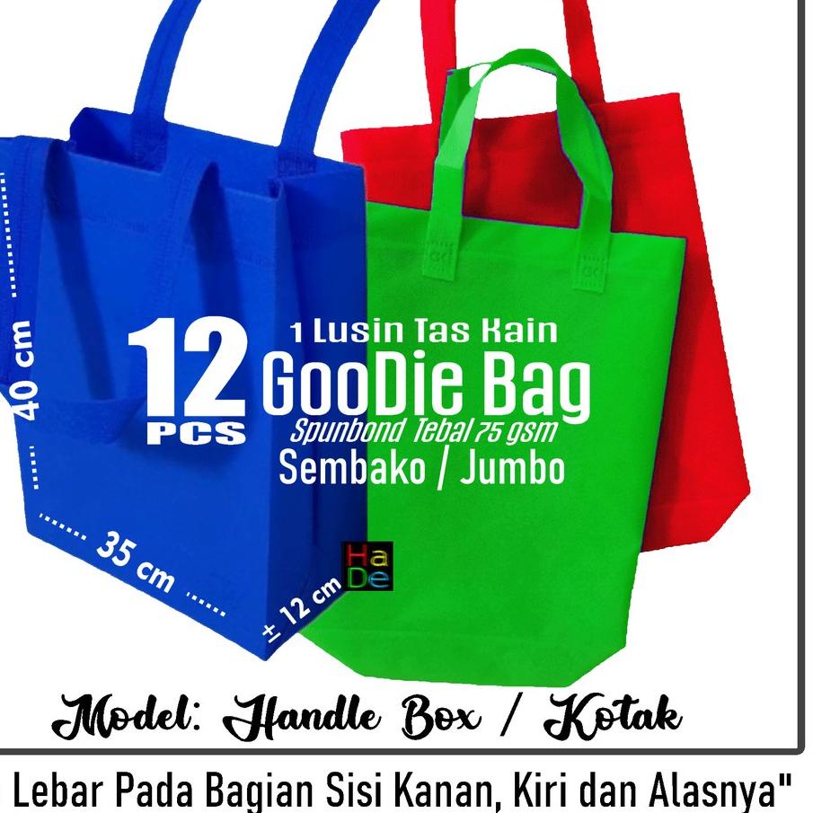 

Trend⭐ ATM@241s 1 Lusin isi 12 Tas Kain Spunbond Jumbo Kotak / Handle Box Goodie Bag XL= 35x40x12 Ka