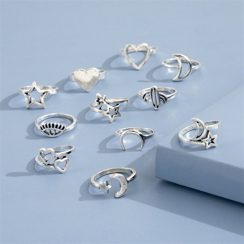 11pcs / Set Cincin Desain Hati Bulan Bintang Kaktus Mata Model Rongga Untuk Aksesoris Perhiasan Wanita