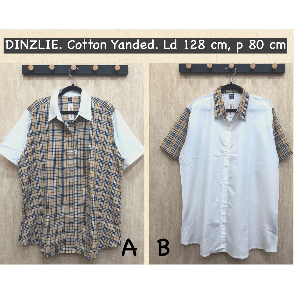 KEMEJA BIGSZIE WANITA LENGAN PENDEK BIG SIZE JUMBO POLOS PUTIH KOMBINASI KOTAK KOTAK BURBERRY BAHAN 