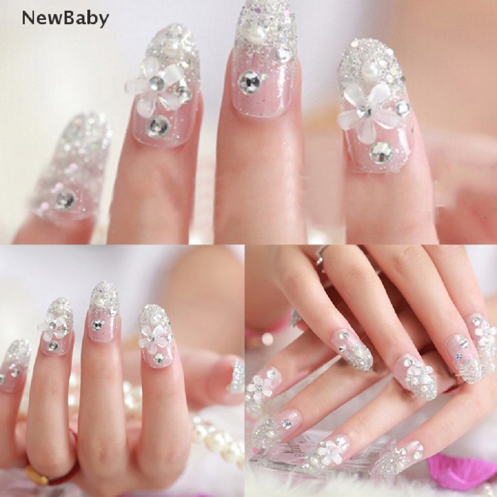 NewBaby 3D Bride Wedding False Artificial Fake Nails Tips French White