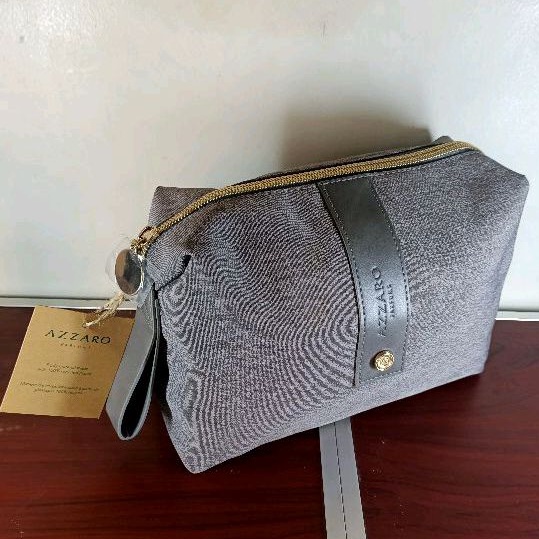 ORIGINAL POUCH AZZARO GREY MOTIF POLOS LOGO BRAND / DOMPET KOSMETIK GREY