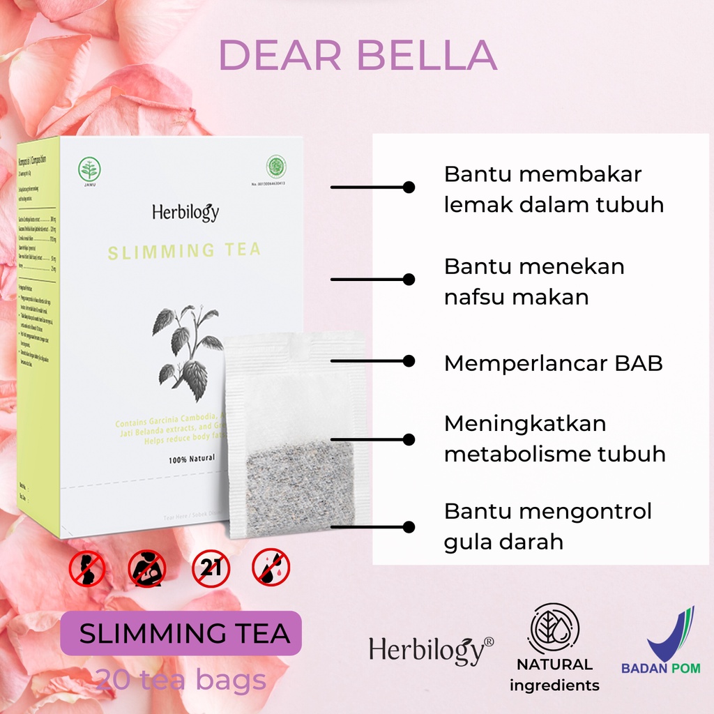 HERBILOGY Slimming Tea Herbal 100% Natural (Lancar BAB &amp; Menekan Nafsu Makan) 20 kantung teh