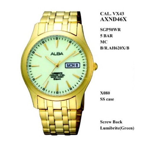 ALBA men Standard AXND46 Lumibrite Dial Gold Jam Tangan Pria ORIGINAL AXND46X1 Stainless
