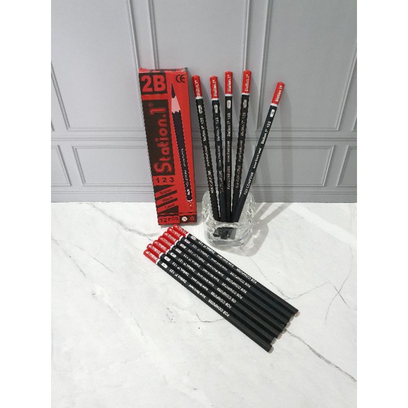 (12pc) pensil 2B murah/pensil 123/pensil kayu/pensil station 1-Merah