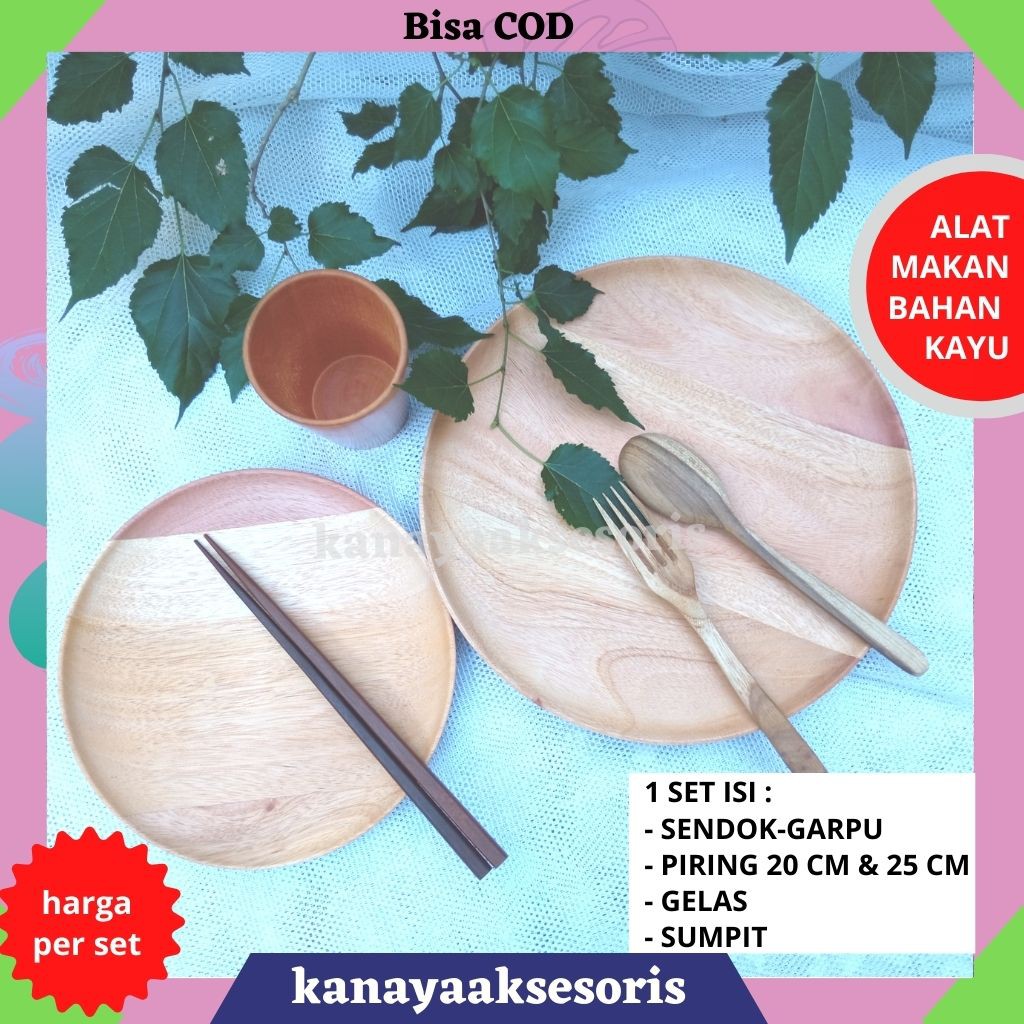 [1SET LENGKAP] ALAT MAKAN KAYU/ PIRING KAYU/ GELAS KAYU/ SENDOK KAYU/ GARPU KAYU/ SUMPIT KAYU