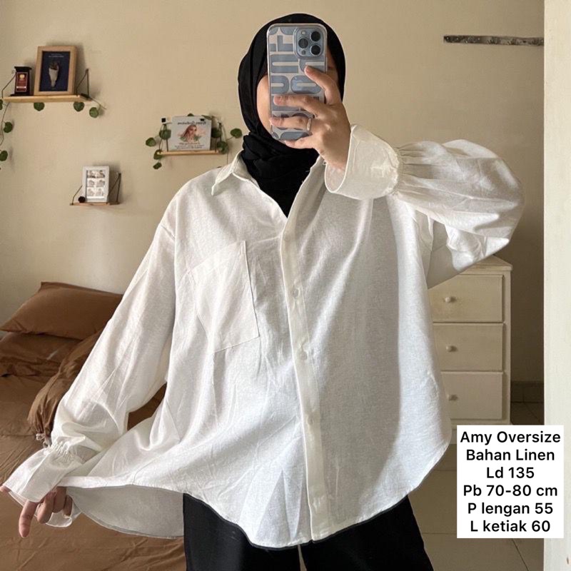 MONOCHROME OVERSIZE BLOUSE MOTIF - ATASAN RAYON FULL KANCING JUMBO / ATASAN RAYON KOMBINASI-AMY OVERESIZE WHITE