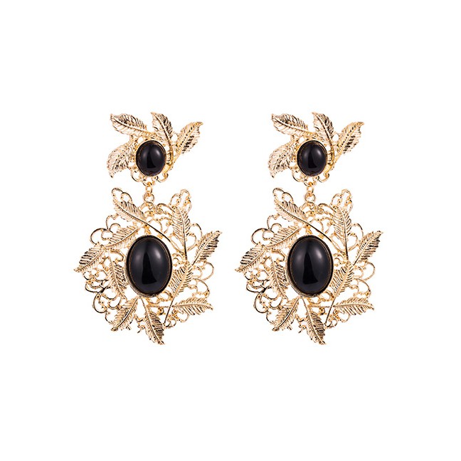 LRC Anting Tusukl Fashion Golden Multilayer Alloy Leaf Hollow Resin Earrings D86714