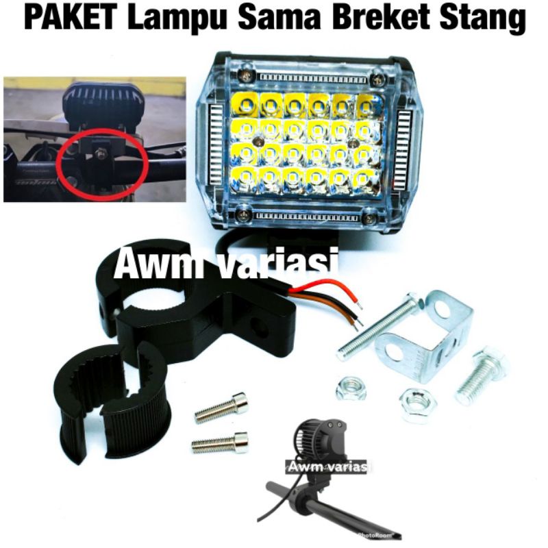 Bracket Breket Braket Crashbar Jepit Dudukan Lampu LED Bar Stand Tembak Stang Motor 25 - 30 mm + lampu tembak 3 senja 6,18,24 mata