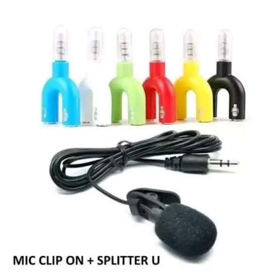 Clip On Mic Microphone 3.5mm + Audio Splitter U Shape Paket Youtuber Vlog Smule bigo dll