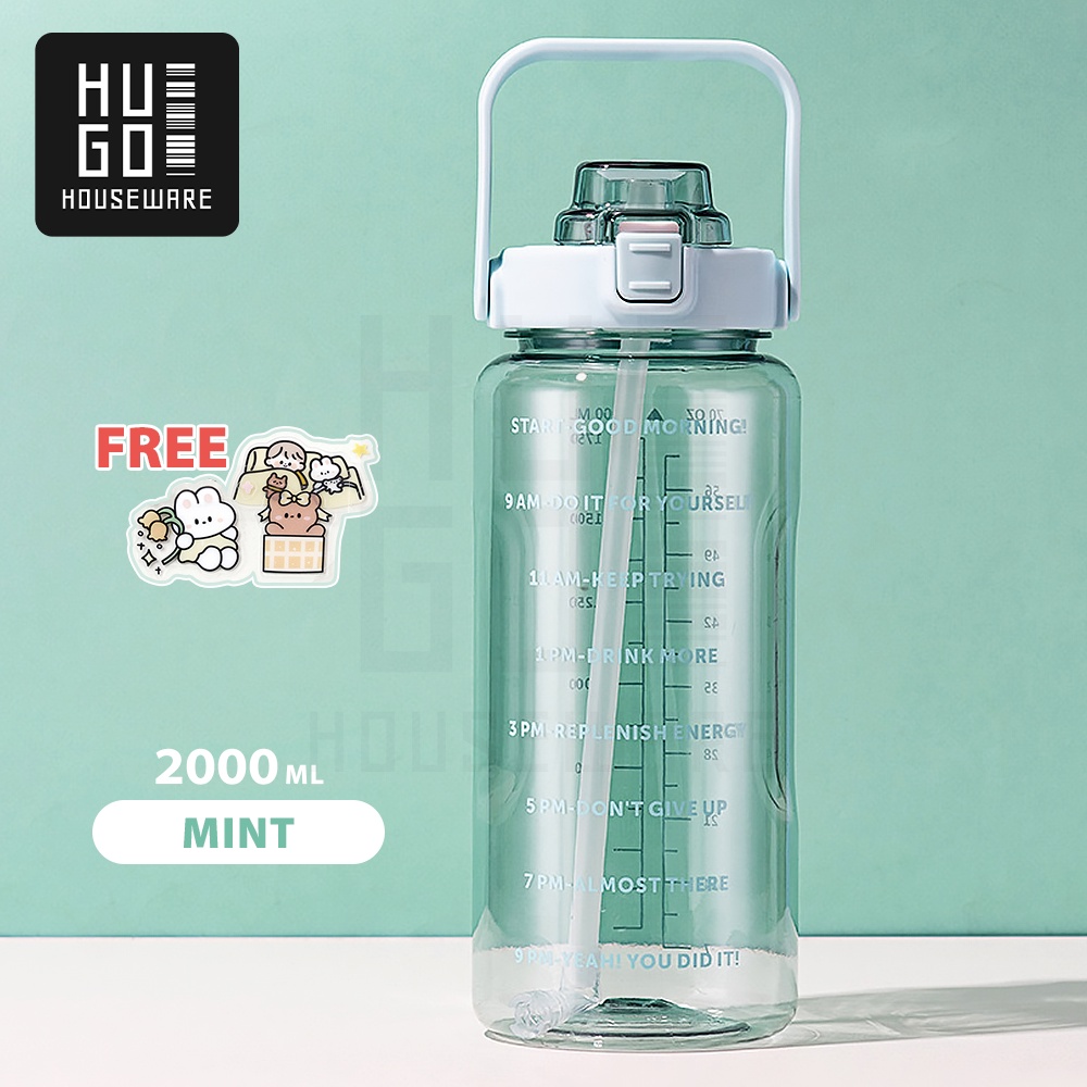 HUGO Botol Minum Motivasi 2 Liter Bening BPA FREE Gratis Stiker-Hijau