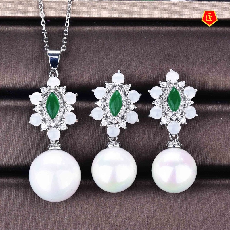 [Ready Stock]Luxury Jewelry Freshwater Pearl Necklace Set Ear Stud and Ring