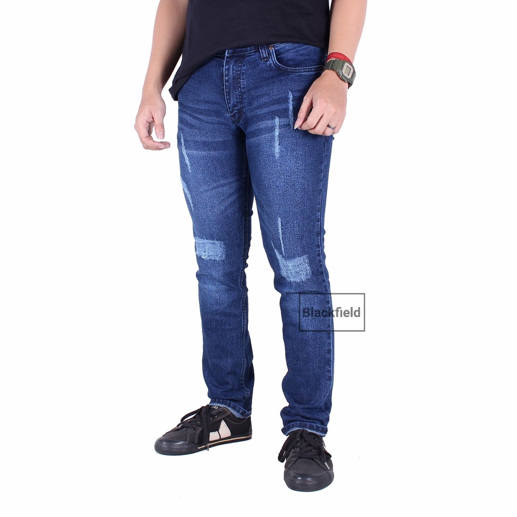 Celana Jeans Sobek Pria Panjang Slim Fit / Celana Denim Cowok Riped Lutut