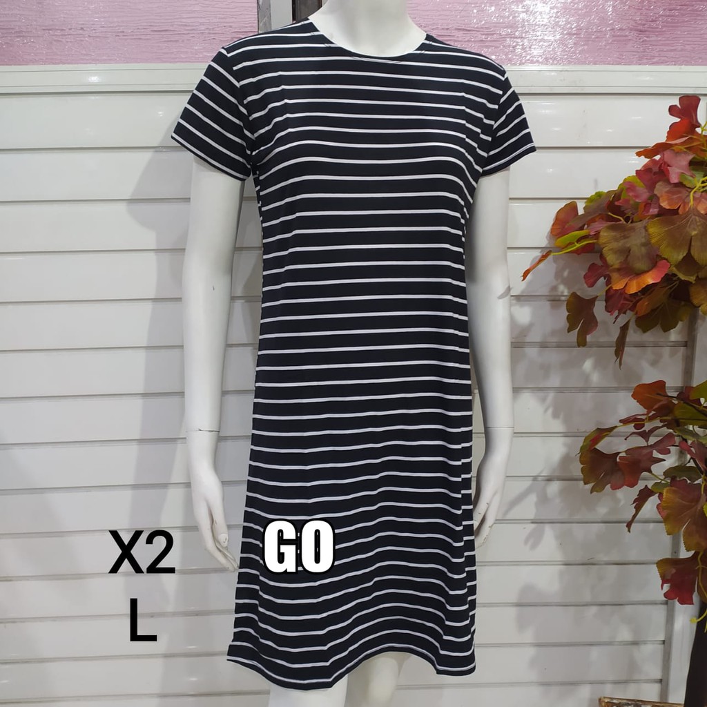 gof DS LMN DRESS/DASTER Wanita Casual Motif Salur Hitam Putih Pakaian Perempuan Lengan Pendek