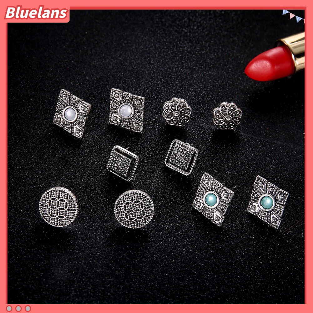 5 Pasang Anting Stud Berlian Imitasi Geometris Rongga Gaya Bohemia Untuk Perhiasan Wanita