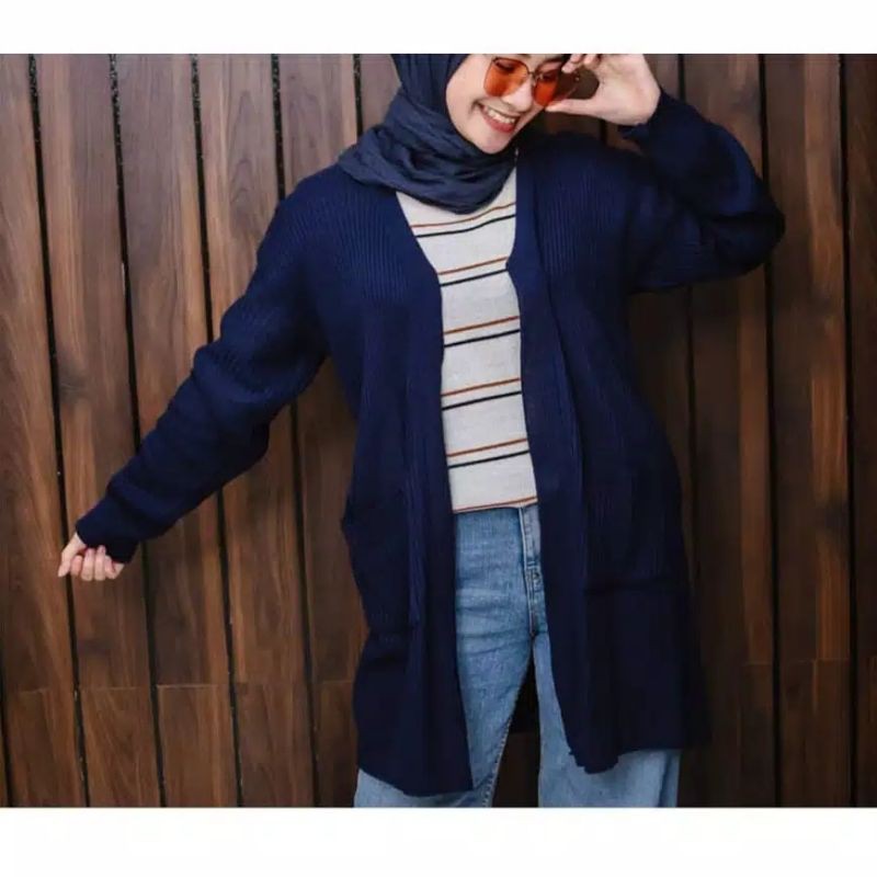 Cardigan panjang rajut dua saku all size-Navy