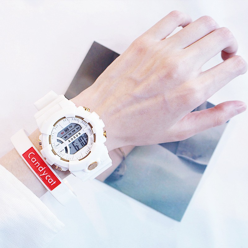 Jam Tangan Wanita Kalender Pasangan Elektronik Luminous Waterproof Digital Fashion Jelly LED Watch-White-Watch only