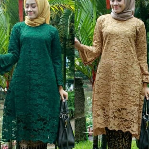 Atasan Kebaya Brukat Panjang/Baju Kurung Best Seller Warna Hijau Botol dan Cream