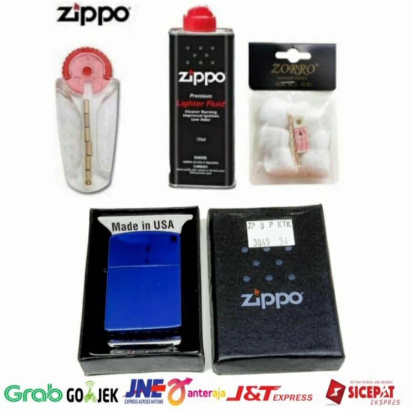 Paket Komplit Korek Zippo Blue Lengkap Plus Minyak Batu Kapas dan Sumbu Zippo