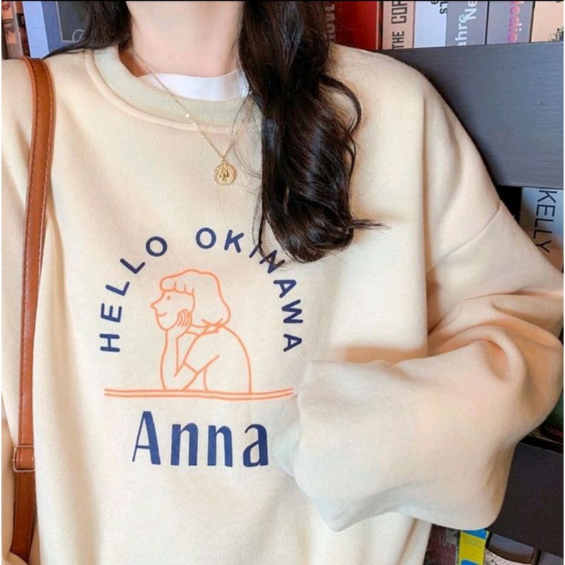 Crewneck Hoodie Jaket Sweater Pakaian Pria Wanita Oversize Korean Style HELLO OKINAWA ANNA