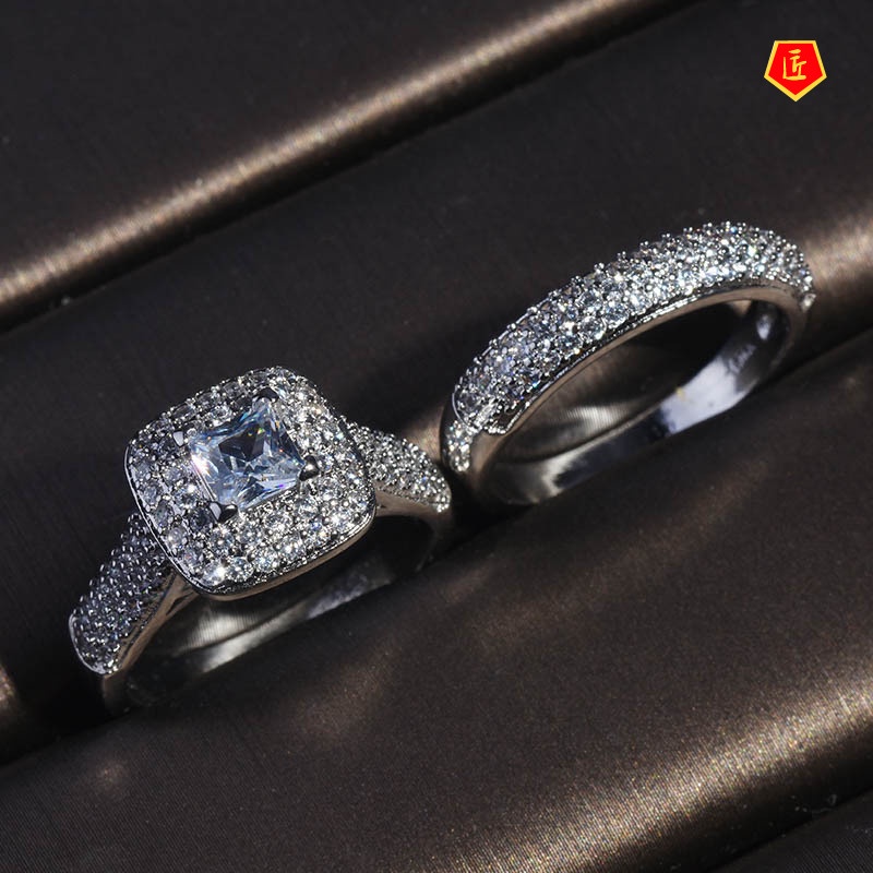 [Ready Stock]Fashion Luxury Square Diamond Couple Ring Set