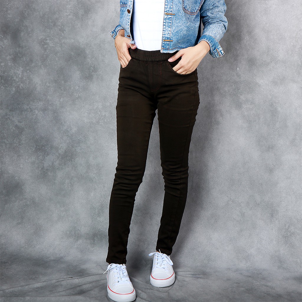 Jeans denim premium C96 karet (Coklat) - soft jeans wanita size 28 - 42