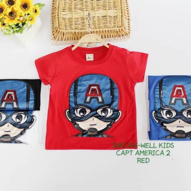 Baju kaos anak laki cowok LED lampu menyala captain America hitam biru merah black red blue T-shirt