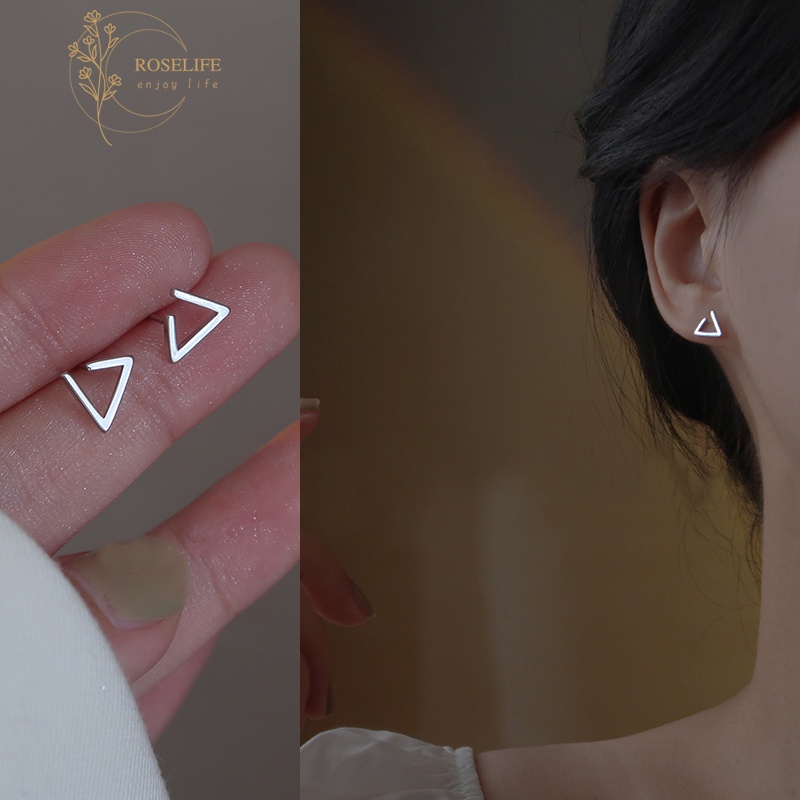 Roselife 1 Pasang Anting Tusuk Gantung Bahan Sterling Silver 925 Desain Segitiga Hollow Untuk Wanita