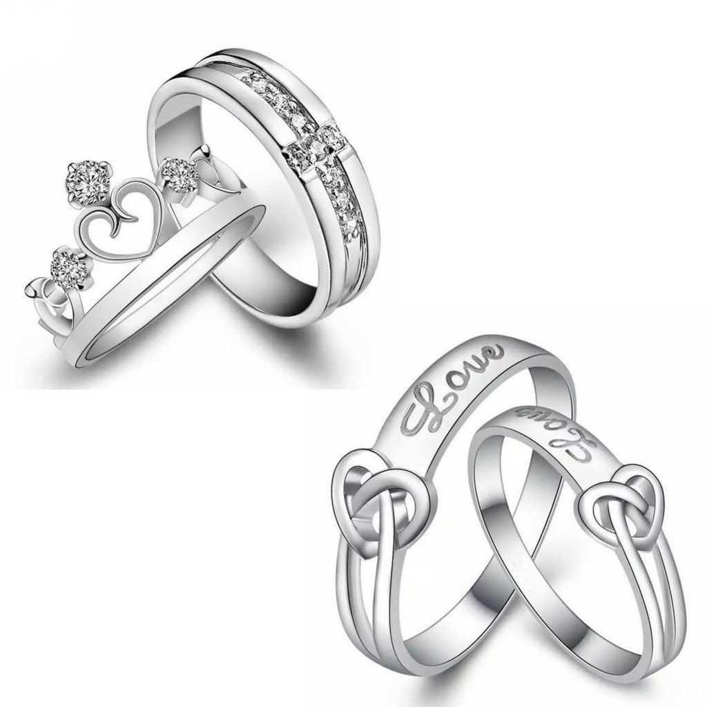 Cincin Pasangan Tunangan Silver Berlian Imitasi Couple Rings