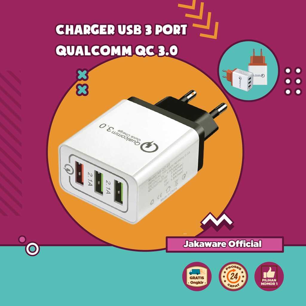 CHARGER USB 3 PORT QUALCOMM QC 3.0 EU PLUG CHARGING CAS CASAN CES HP SMARTPHONE HANDPHONE IPHONE KAB