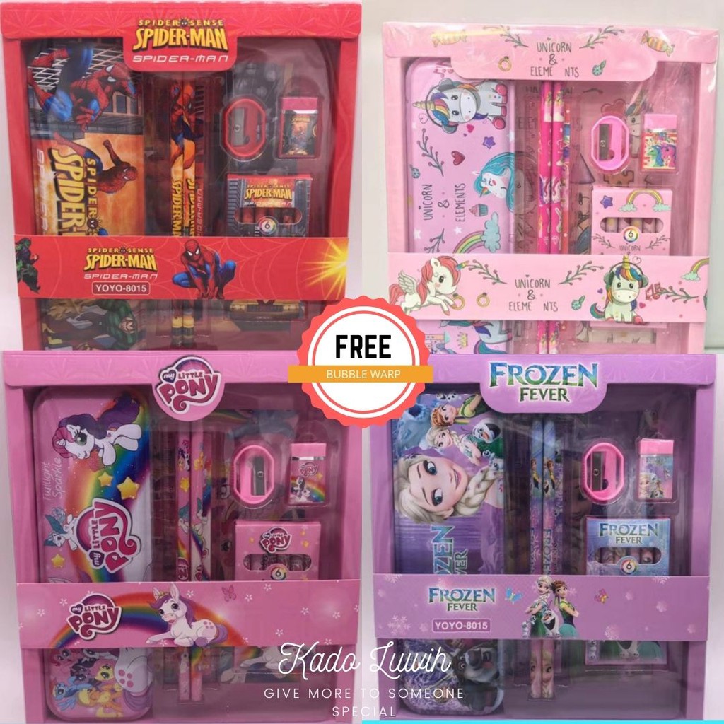 

8015 - STUDY SET PERLENGKAPAN SEKOLAH ALAT TULIS ANAK KARKATER SPIDERMAN/UNICORN/FROZEN/LITTELPONY