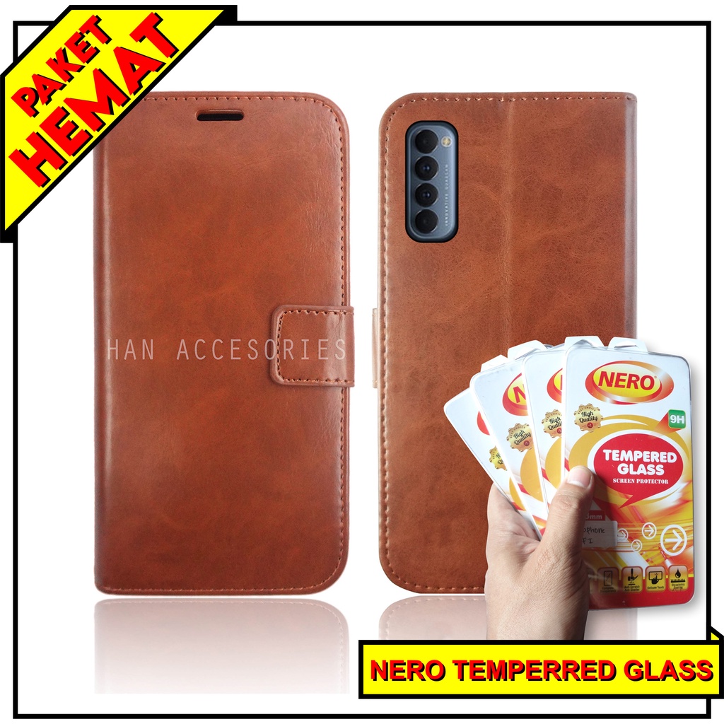 (PAKET HEMAT) Fashion Selular Flip Leather Case OPPO RENO 5F/RENO 4/RENO 4 PRO/RENO 3 PRO/RENO 2/RENO 2F Flip Cover Wallet Case Flip Case + Nero Temperred Glass