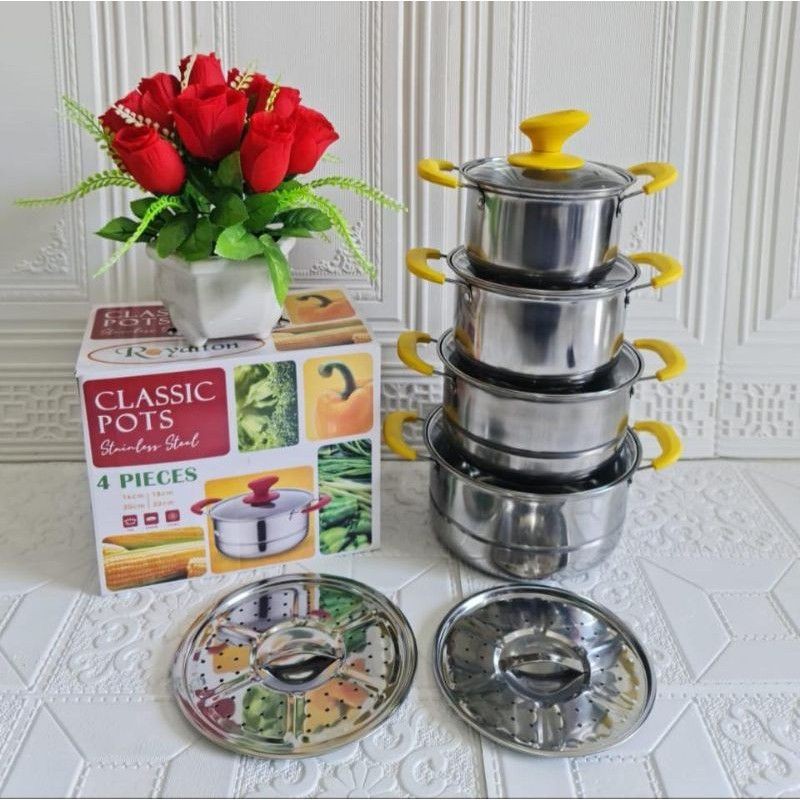 Panci Set Steamer Pot Royalton  4 Pcs + Tutup Kaca/Steamer