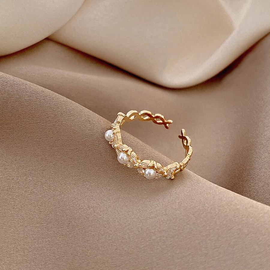 Cincin Baja Titanium Emas Mutiara Berlian Mewah Yang Elegan Perhiasan Fashion Wanita Rings Adjustable Size
