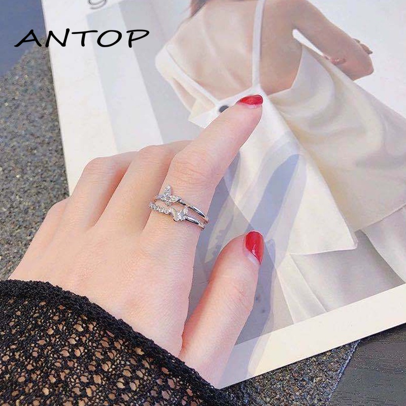 Double Butterfly Diamond Ring Pembukaan Cincin Dapat Disesuaikan Wanita Fashion Perhiasan Aksesoris Hadiah Natal ANTOP