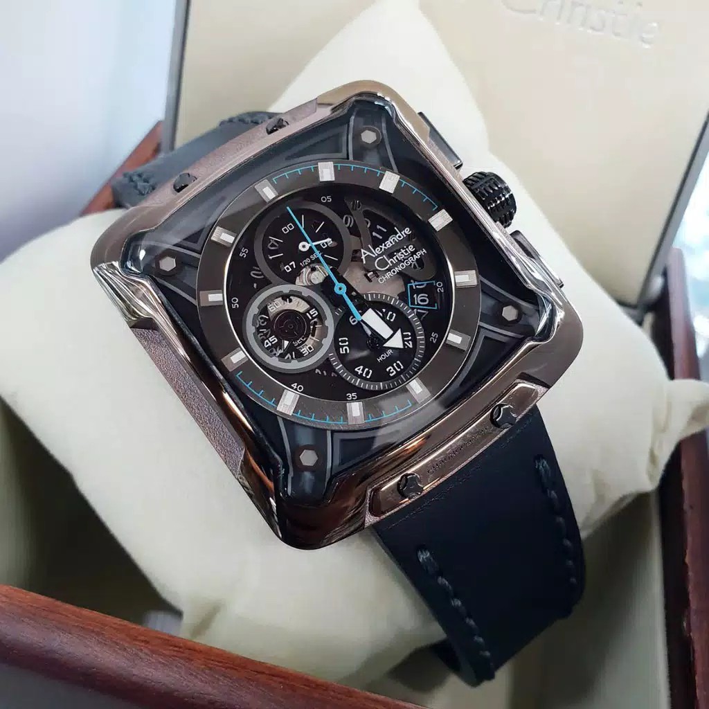 Alexandre Christie original ac3030 tali kulit hitam case abu list biru