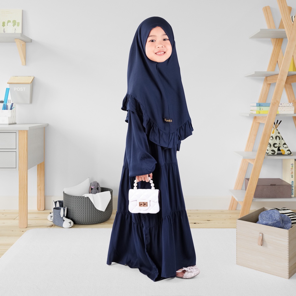 Set Gamis Rayya Ruffle Anak Usia 1 2 Tahun Bahan Premium Polos Navy