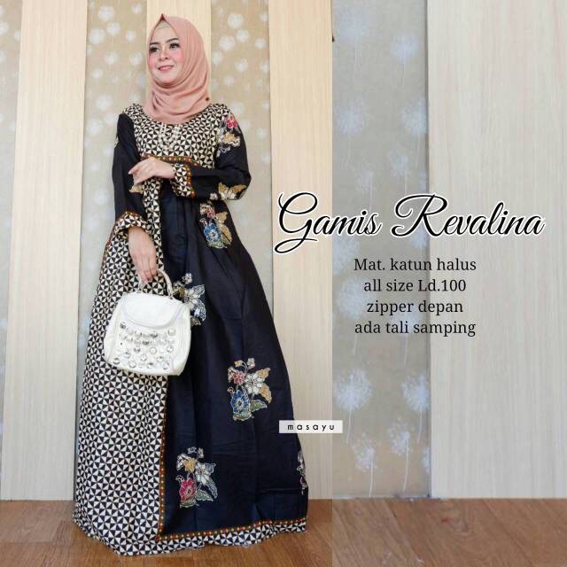 Gamis Revalina Batik Hitam Sogan Modern Long Dress Kerja Seragam Muslim