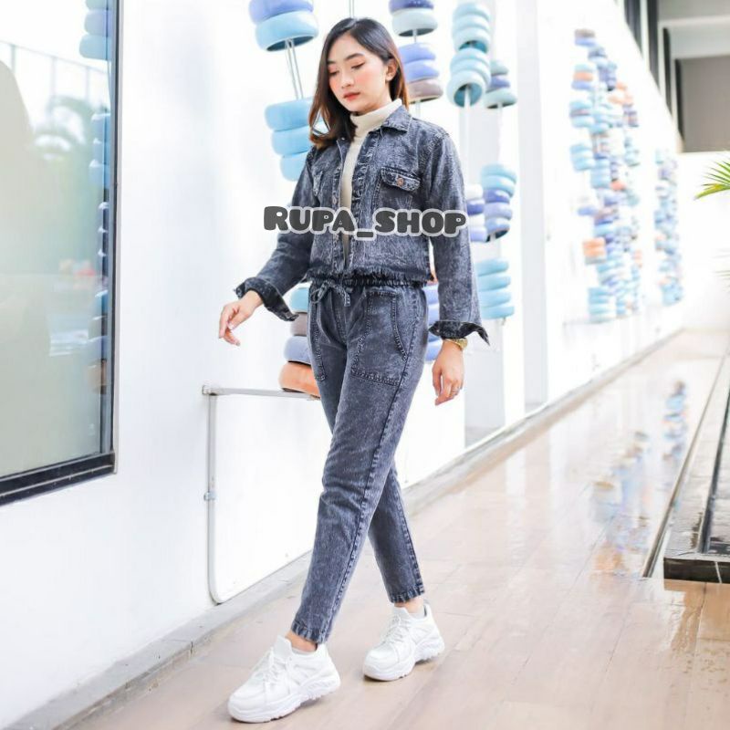 One Set Jaket Crop Jeans Snow Wanita Set