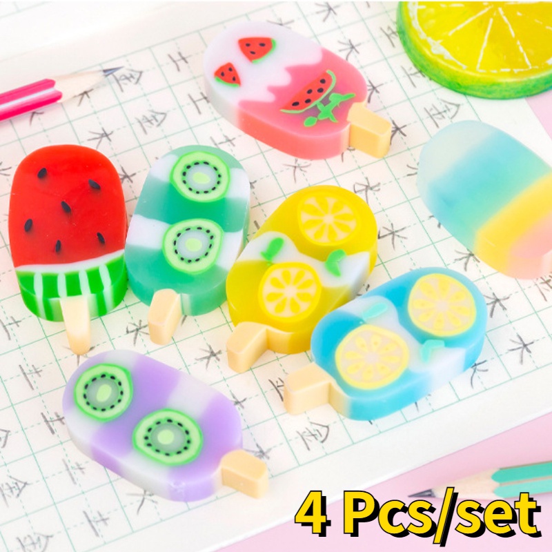 4pcs / set Penghapus Karet Bentuk Es Krim Kawaii Untuk Anak / Pelajar