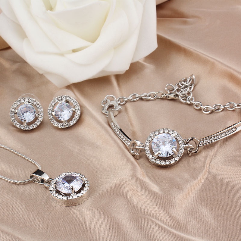 3pcs / Set Kalung + Gelang + Anting Gantung Tusuk Aksen Berlian Imitasi Untuk Perhiasan Wanita / Pernikahan