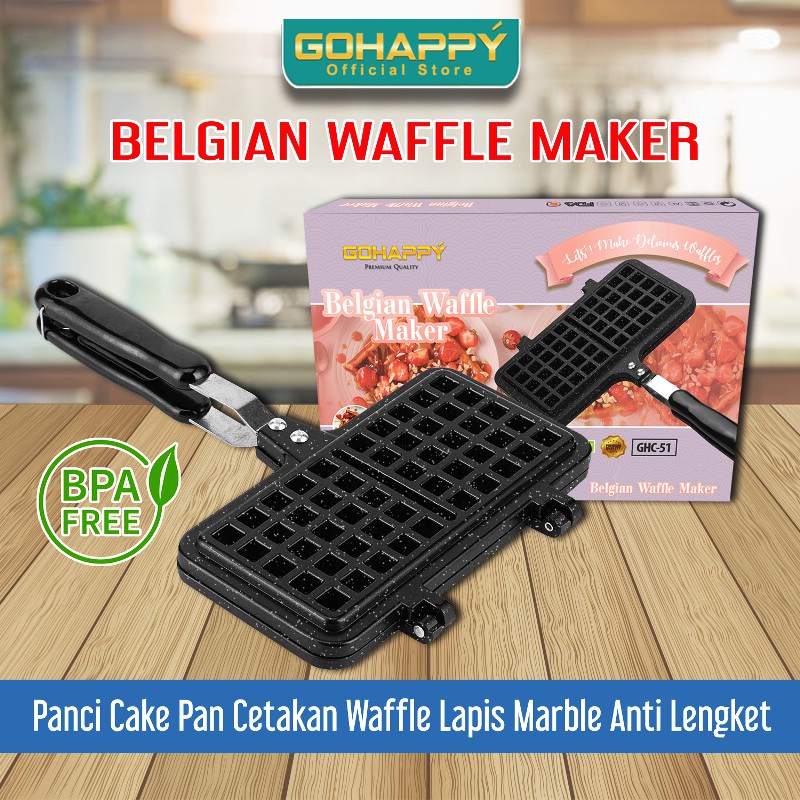 Double Belgian Waffle Maker GOHAPPY GH-C51 Cetakan kue wafel Non-stick marble dengan jepitan panci