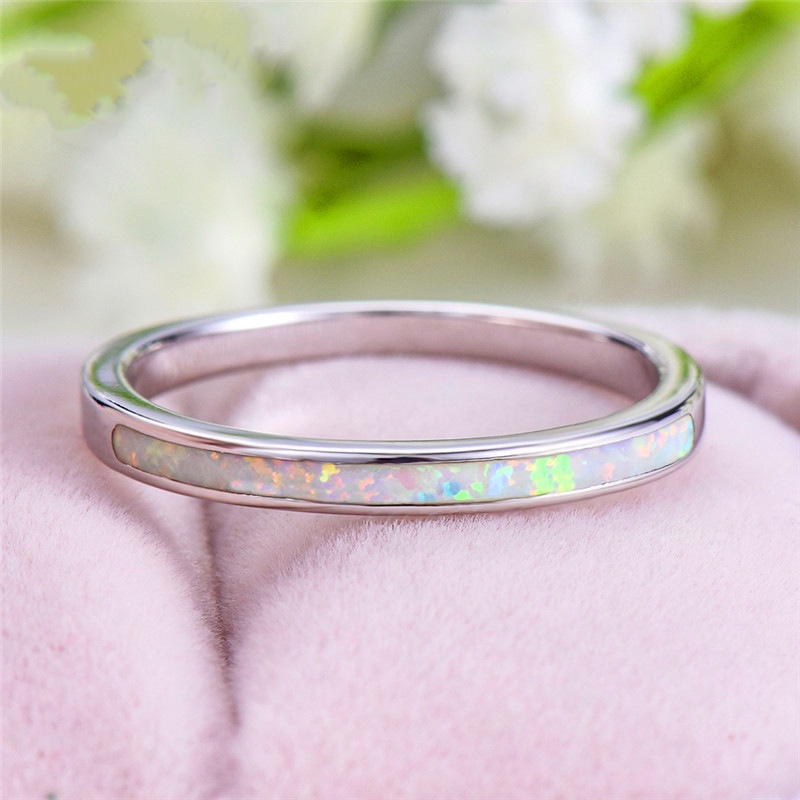 New European and American imitation inlaid blue opal 4mm silver ladies fashion simple thin ring