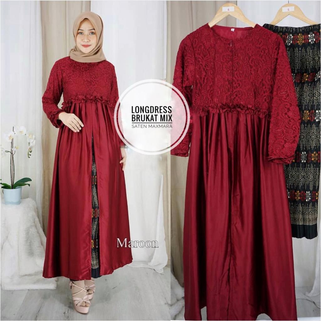 Stelan Gamis Kebaya Nina Longdress Brukat Dan Rok Plisket Batik Wanita