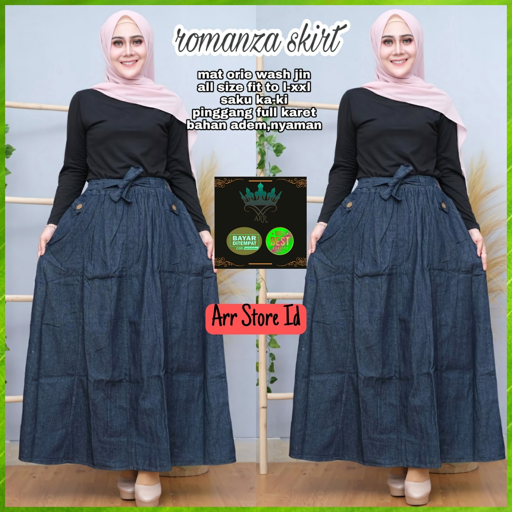 Romanza Rok Fashion Skirt Muslim Jeans Payung Panjang Wanita Polos Terbaru Lp 75-100 P 97 Allsize