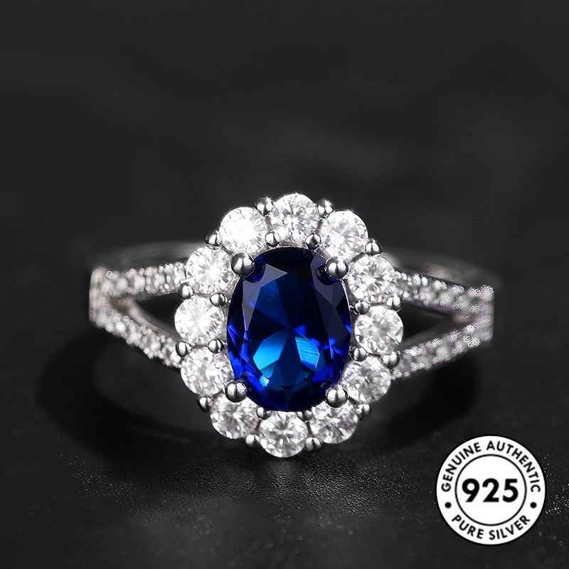 Cincin Sapphire Mewah Bahan S925 Silver