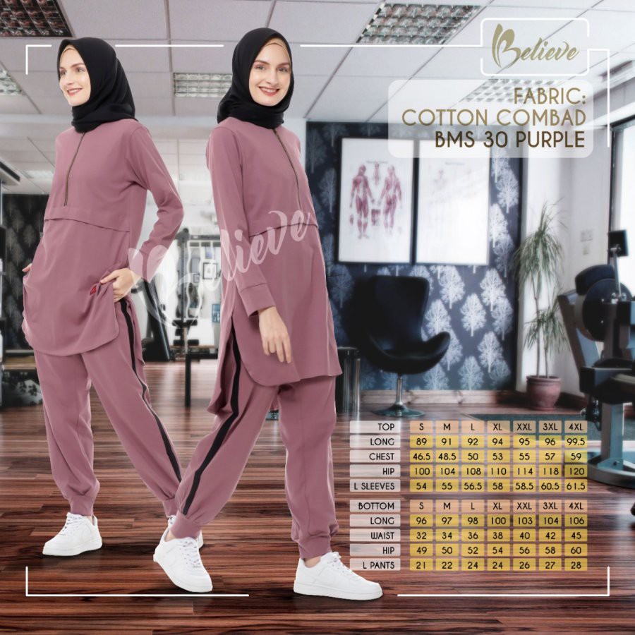 BAJU SETELAN SPORT WANITA SYAR'I OLAHRAGA MUSLIMAH BMS 30 BELIEVE PAKAIAN